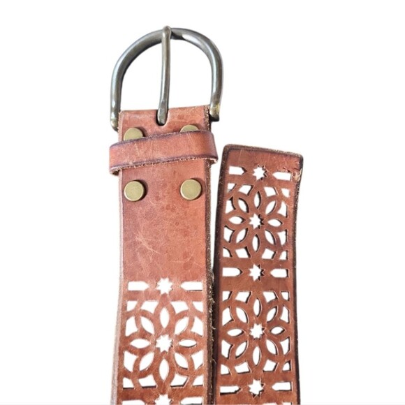 Genuine Leather Floral Cutout Belt Sz M Boho Chic Raw Edge 90s Vintage Inspired - Picture 7 of 13